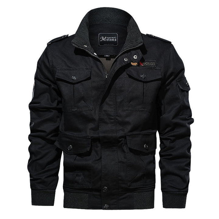 Herr Military-Inspired Canvas Fältjacka med Epaulettes, Flera Fickor och Ribbad Fåll