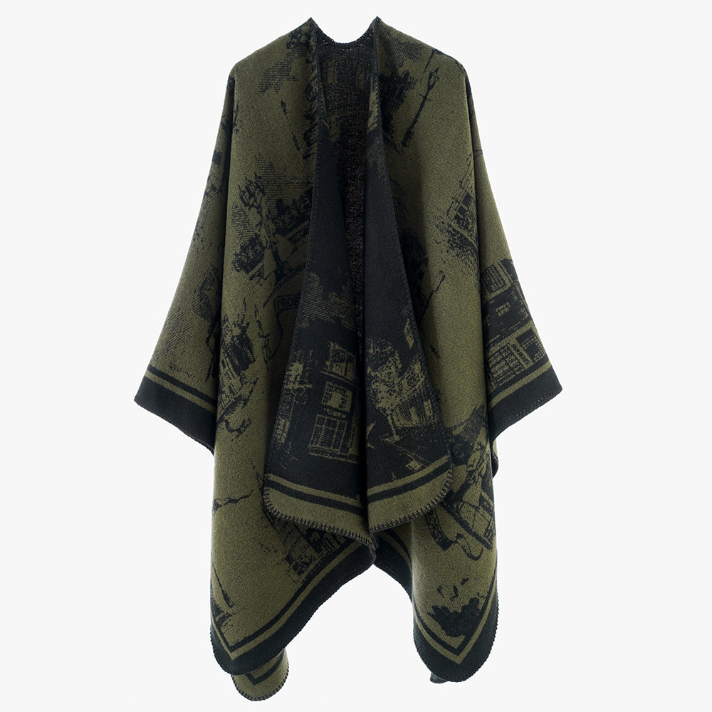 Dam Jacquard capeponcho med iconic city Jacquard och open oversized fall