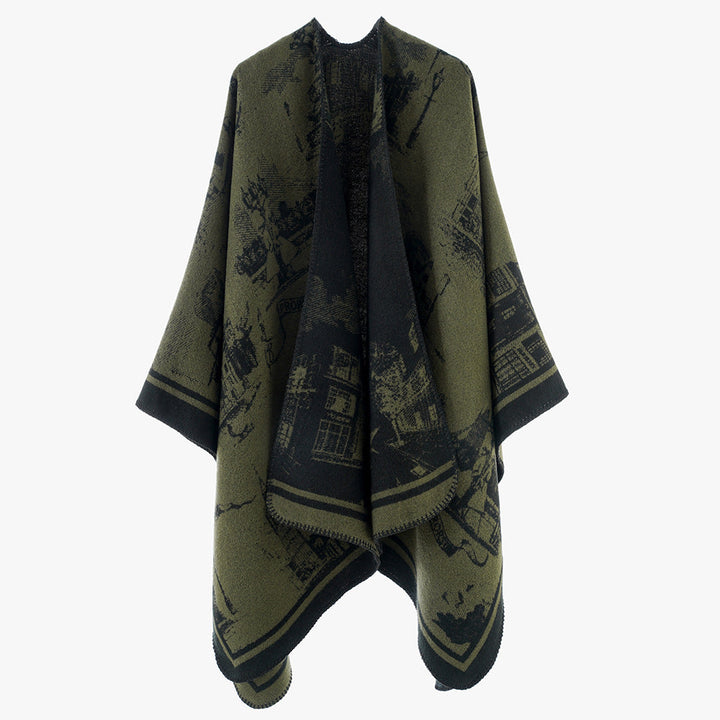Dam Jacquard capeponcho med iconic city Jacquard och open oversized fall
