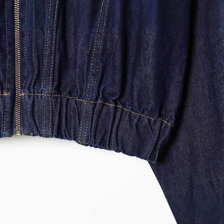 Dam Kort Denimjacka med Dragkedja, Tailored Drawstring och Western Details