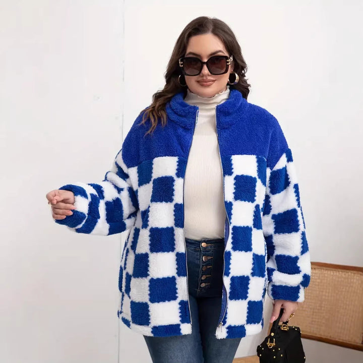 Dam rutig design Teddy fleecejacka med ståkrage, dragkedja och oversized skärning