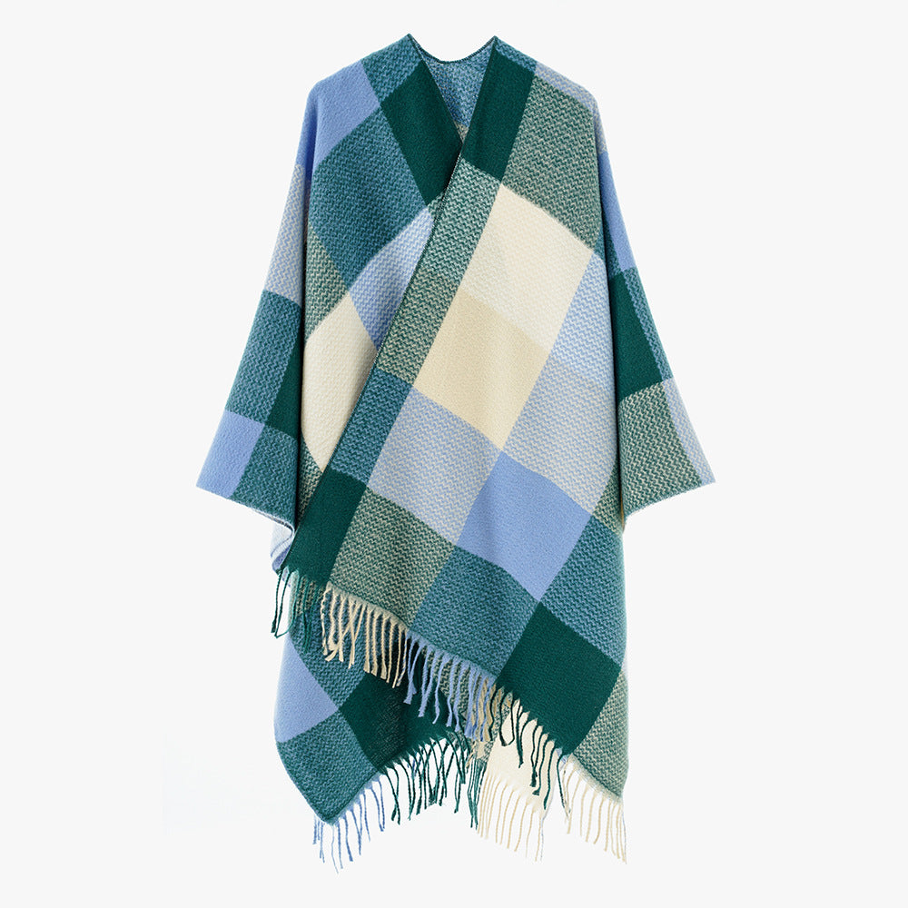 Dam mjuk-fallande oversized poncho i Plaid Weave mönster med V-Neck och Fringed fåll