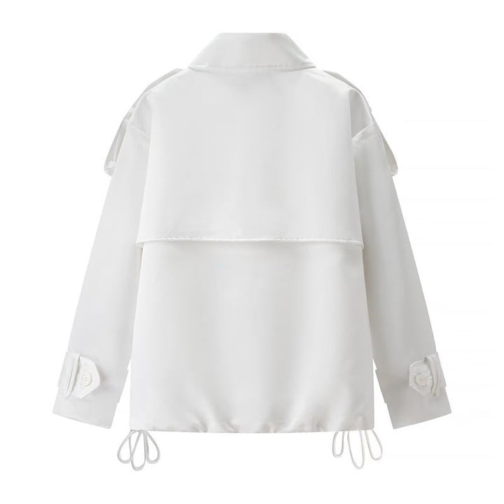 Dam kort Boxy Double-breasted trench med dragsko och dekorativ Shoulder Straps
