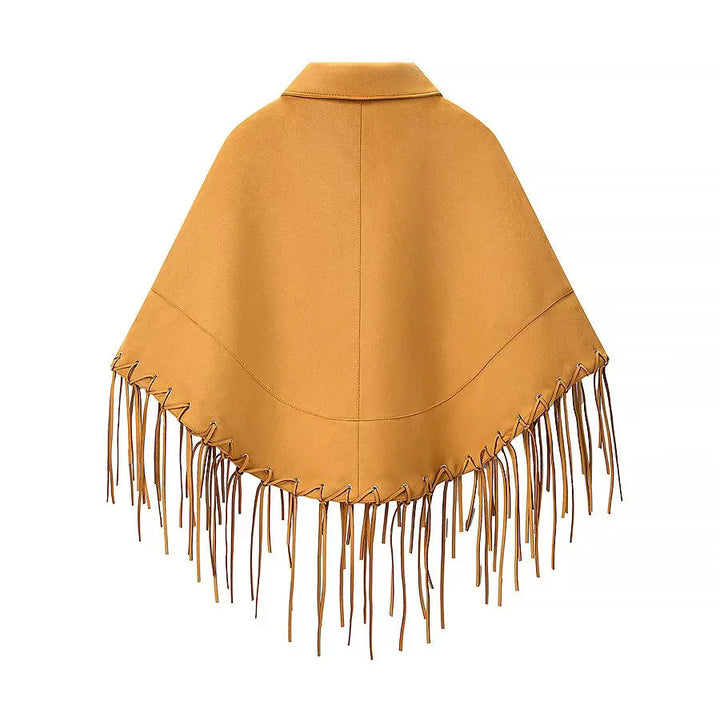 Dam Velvet look Cape med skjortkrage, Decorative Stitch och lång Fringe