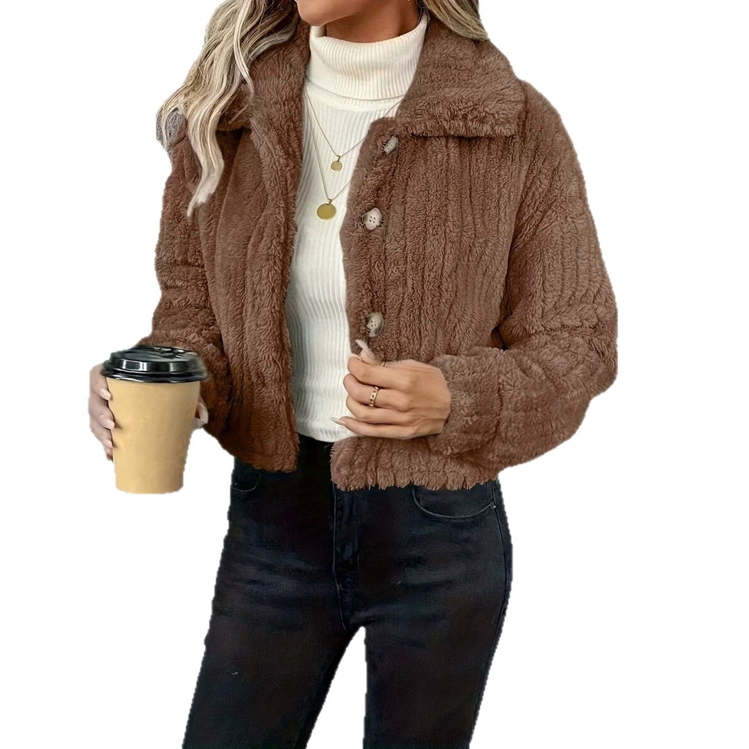 Dam kort jacka teddy-fleece med knapp stängning och vid skjortkrage