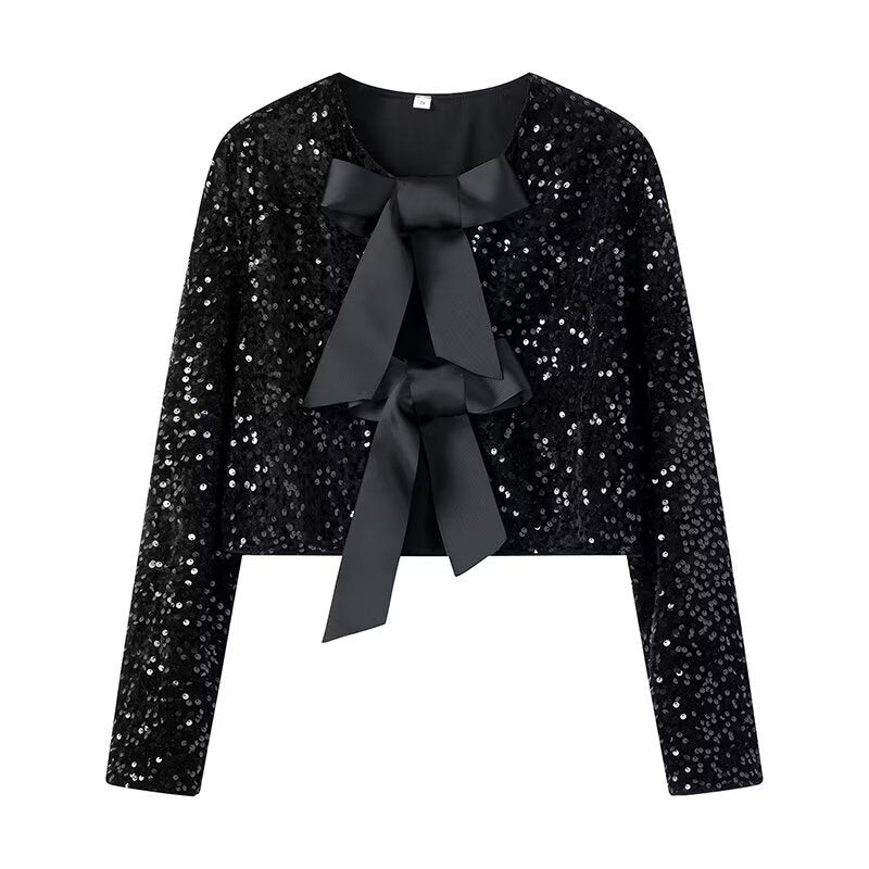 Dam kort Sequin jacka med dekorativ Bows, Round Neckline och lång ärmar