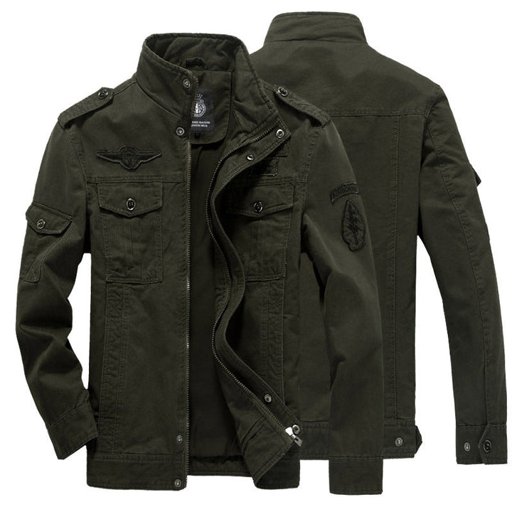 Herr Canvas Fältjacka i Militär Utility Stil med Epaulettes, Bröst Lock Fickor, och Ståkrage