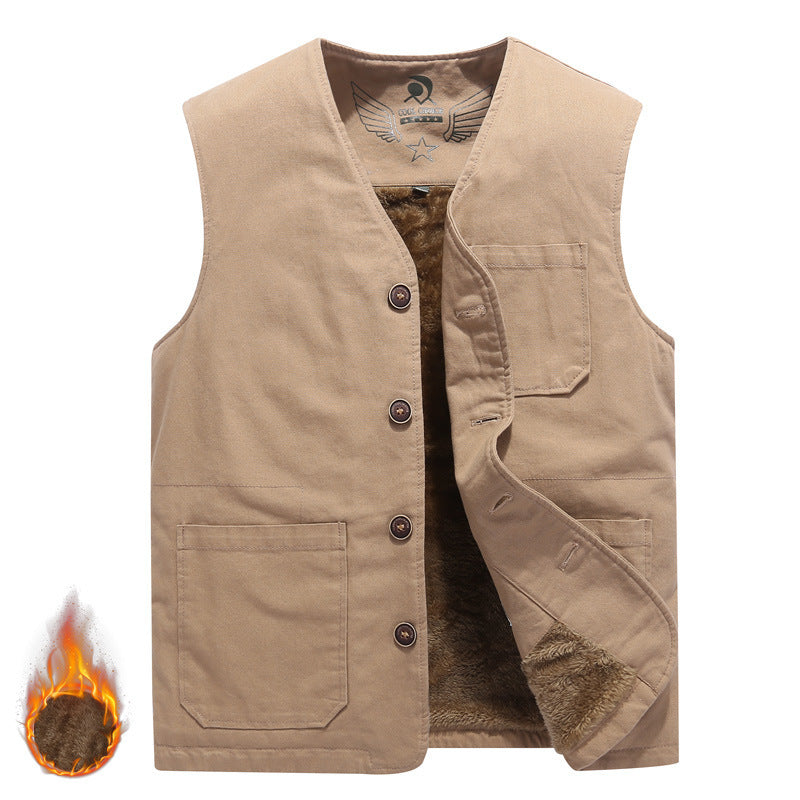 Herr Sleeveless Canvas Teddy Väst med Warming Fleecefoder och Utanpåfickor