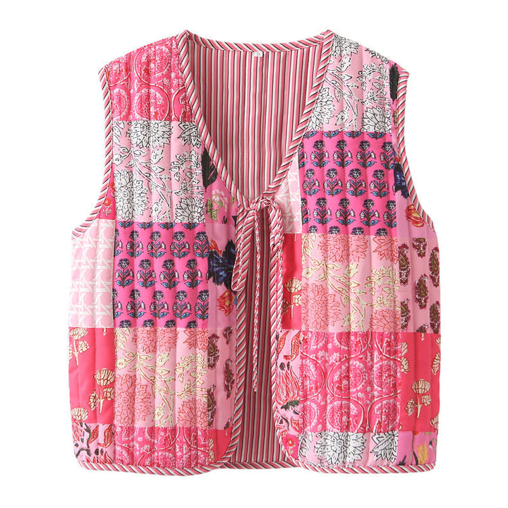 Dam quiltad patchwork väst med tie och V-neck