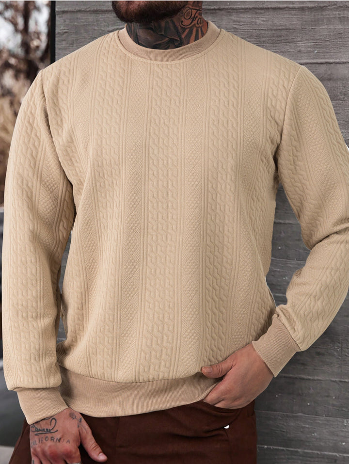 Herr Textured Round Neck College-Tröja med Fin Waffle Structure och Ribbstickade Muddar