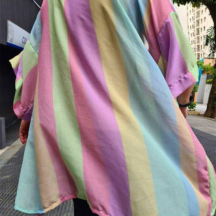 Dam lätt Oversize kimono kofta med Vertical Stripes och Open skärning