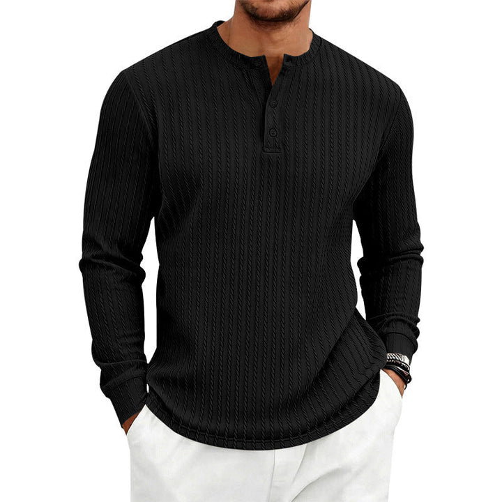 Herr Fin Stickad Henley med Ståkrage och Cable Mönster