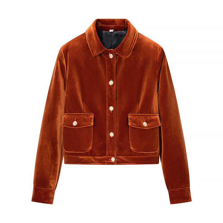 Dam kort jacka in sammet look med skjortkrage, applied flap fickor, och gold-colored dekorativ knappar
