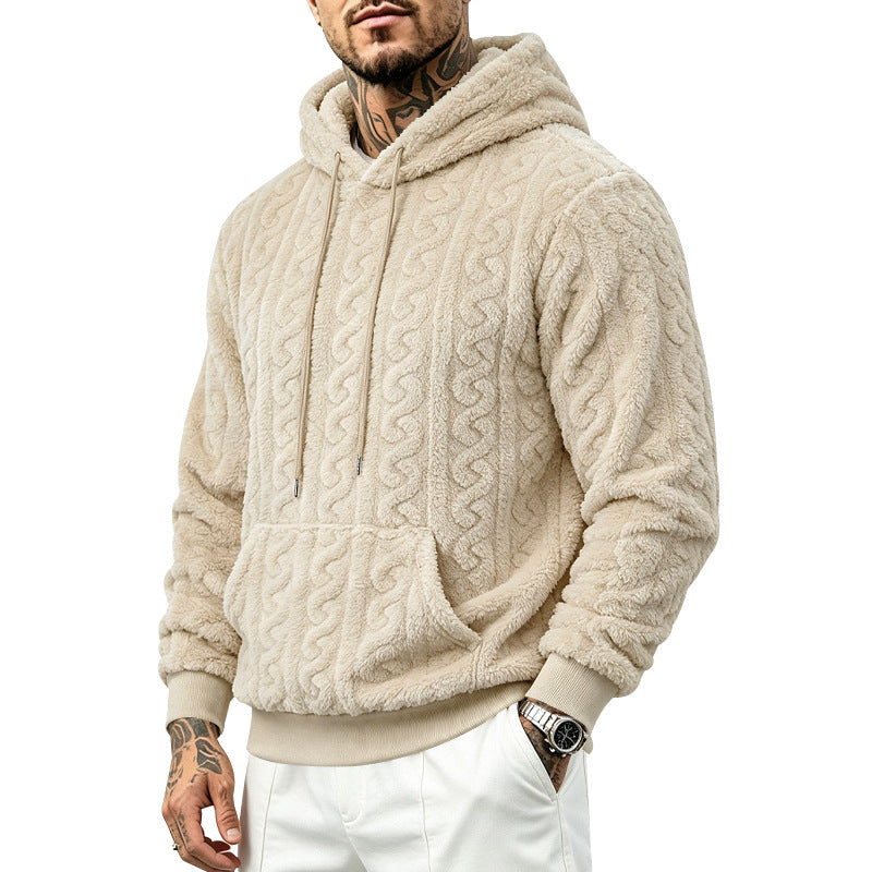 Herr Teddy Fleece Pullover med Cable Mönster, Huva och Känguruficka