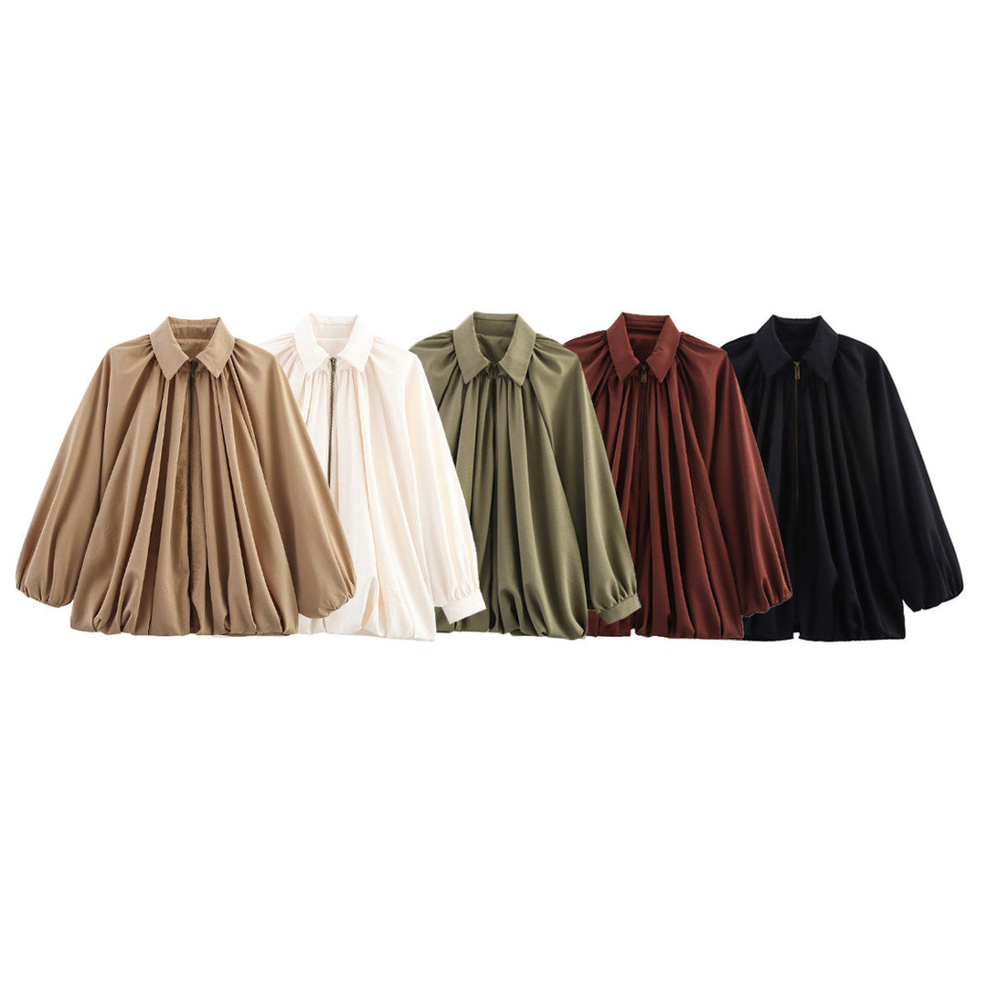 Dam 100+ Wide Gathered Blouse Jacka med Skjort Krage och Front Dragkedja