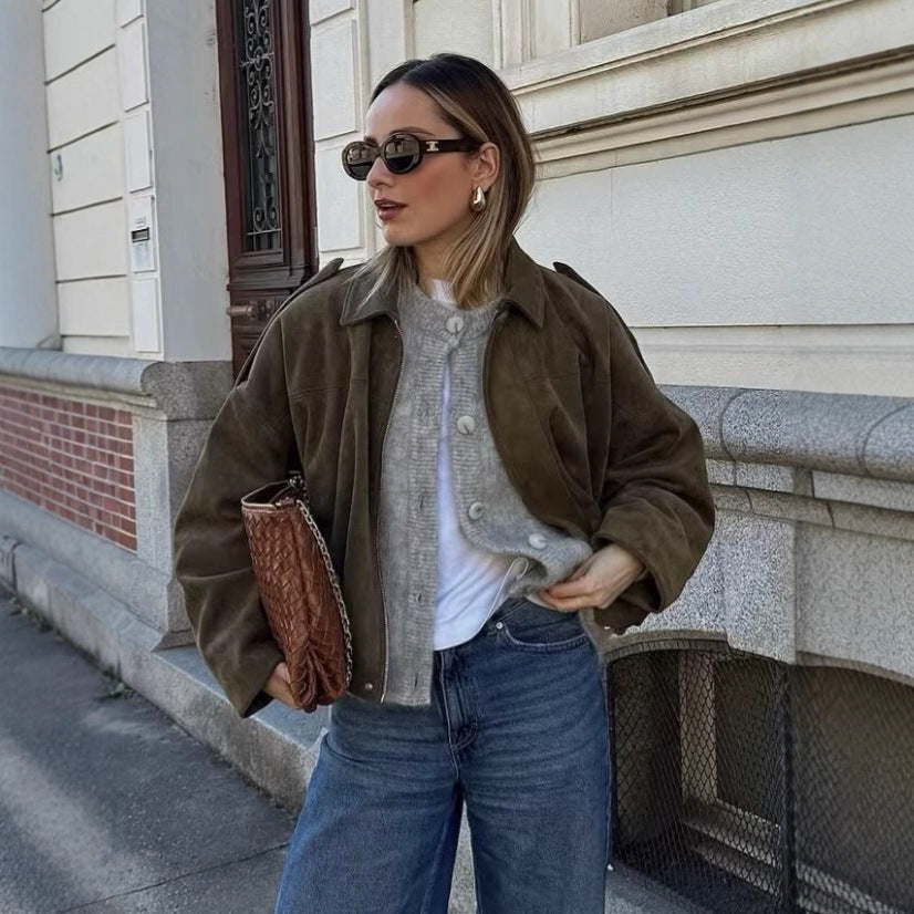 Dam kort Boxy jacka in oversize mocka look med Balloon fåll