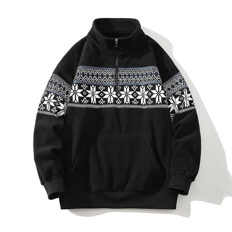 Unisex Norwegian mönster fleecejacka med ståkrage, all-round dragkedja och dragsko