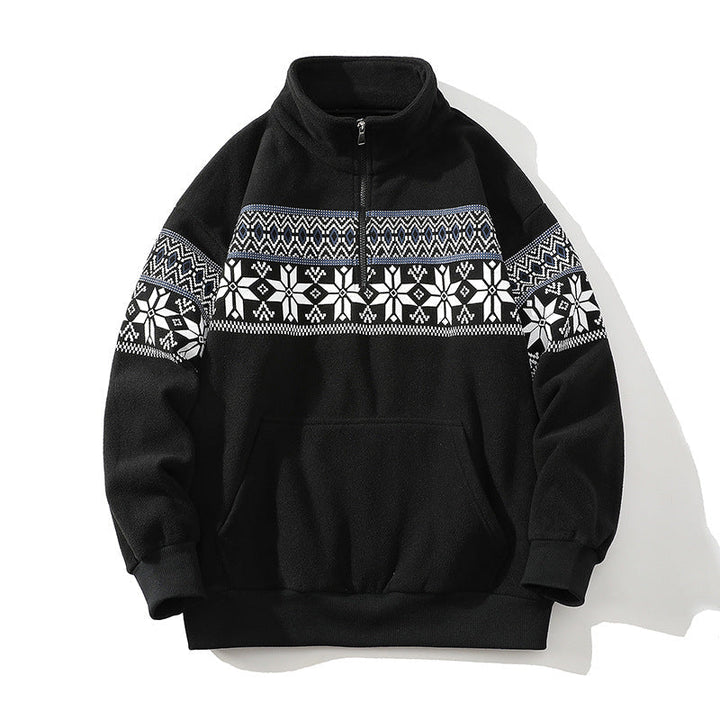 Unisex Norwegian mönster fleecejacka med ståkrage, all-round dragkedja och dragsko