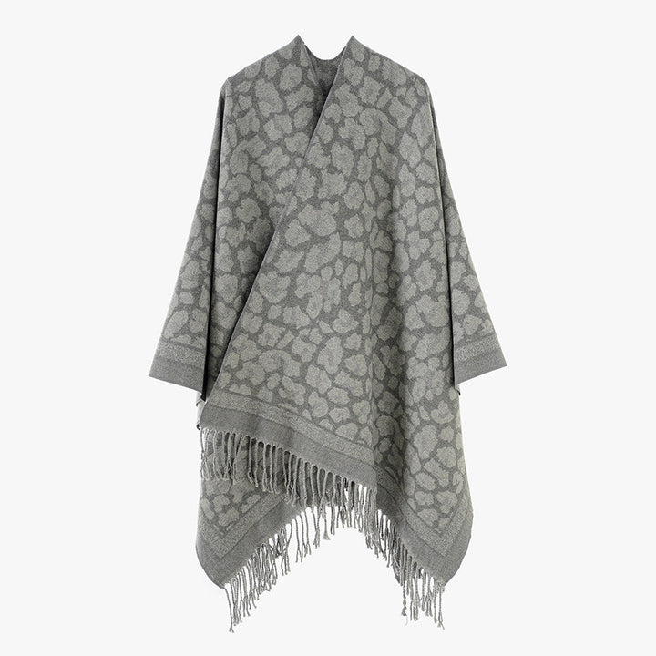 Dam Jacquard poncho med Leopard mönster, Fringes och Open oversized skärning