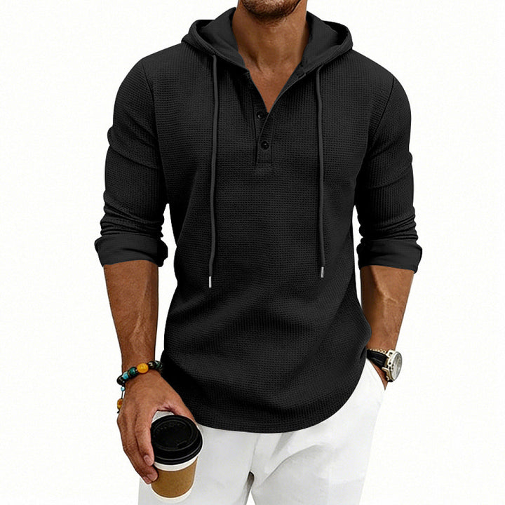 Herr Waffle Stickad Henley Luvtröja med Knapplist och Huva
