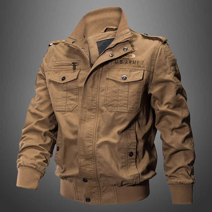 Herr Short Blouson Canvas Fältjacka med Axel Epaulettes, Bröst Lock Fickor, och Ribbad Fåll