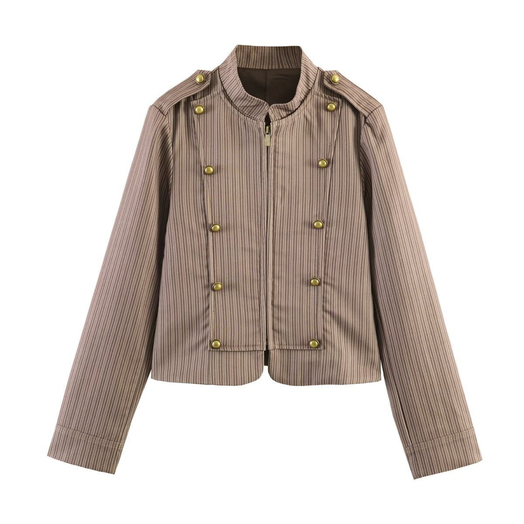 Dam Kort Skärning Military Inspired Jacka med Stå Krage och Double Dekorativ Knapp Row
