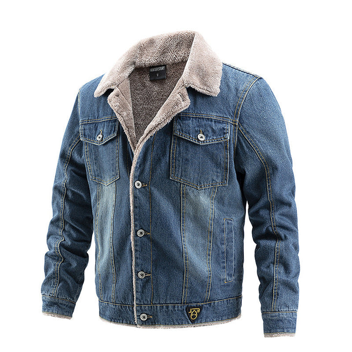 Herr Robust Denim Trucker Jacka med Sherpa Foder och Teddy Krage