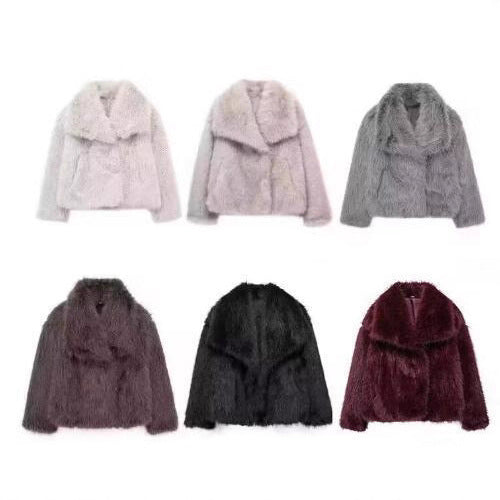 Dam kort Faux Fur jacka med Voluminous Shawl krage