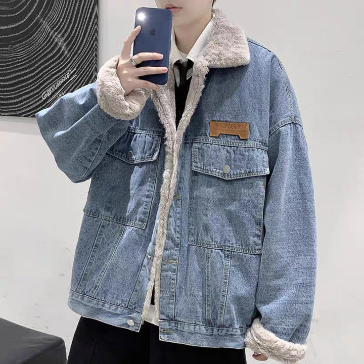 Herr Fodrad Oversized Jeansjacka med Teddyfoder och Lock Fickor