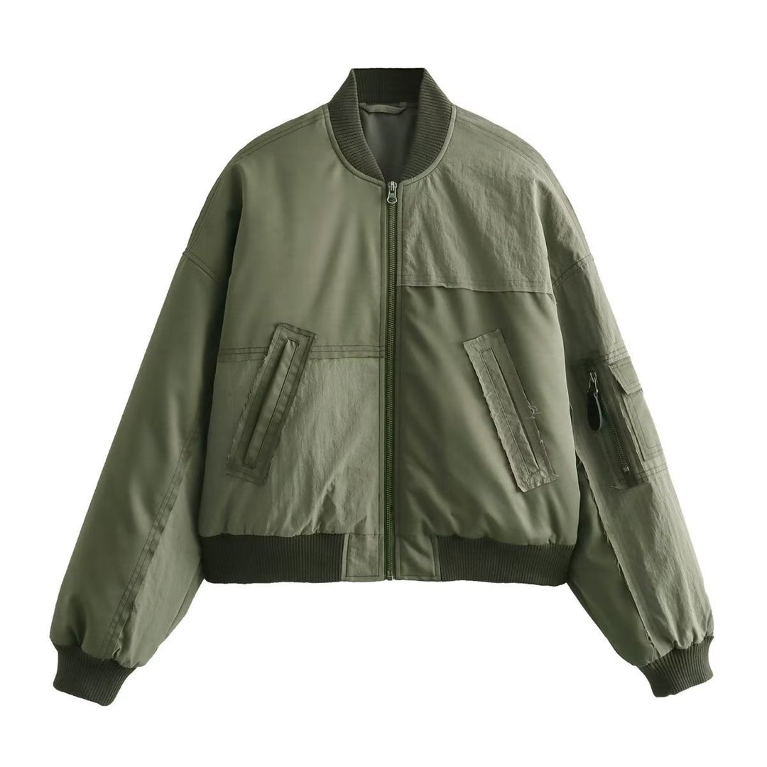 Dam kort-skärning utility bomber med patch detaljer, praktisk bröstfickor och ärm dragkedja
