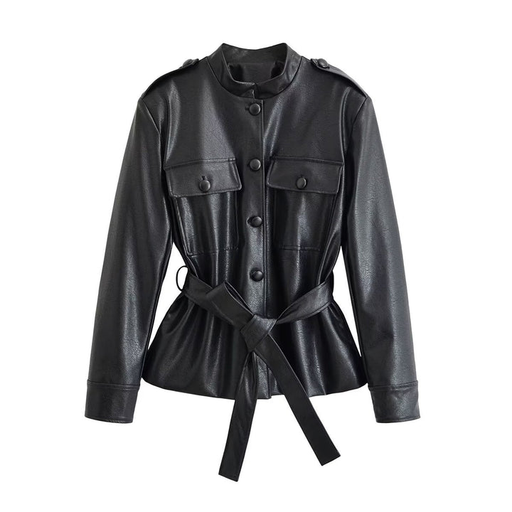 Dam Tailored Jacka i Konstläder med Tie Belt, Stå Krage och Lock Fickor
