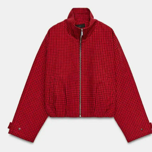 Dam Kort Blouson Jacka Gjord av Woven Fabric med Ståkrage, Elastic Fåll, och Fin Check Design