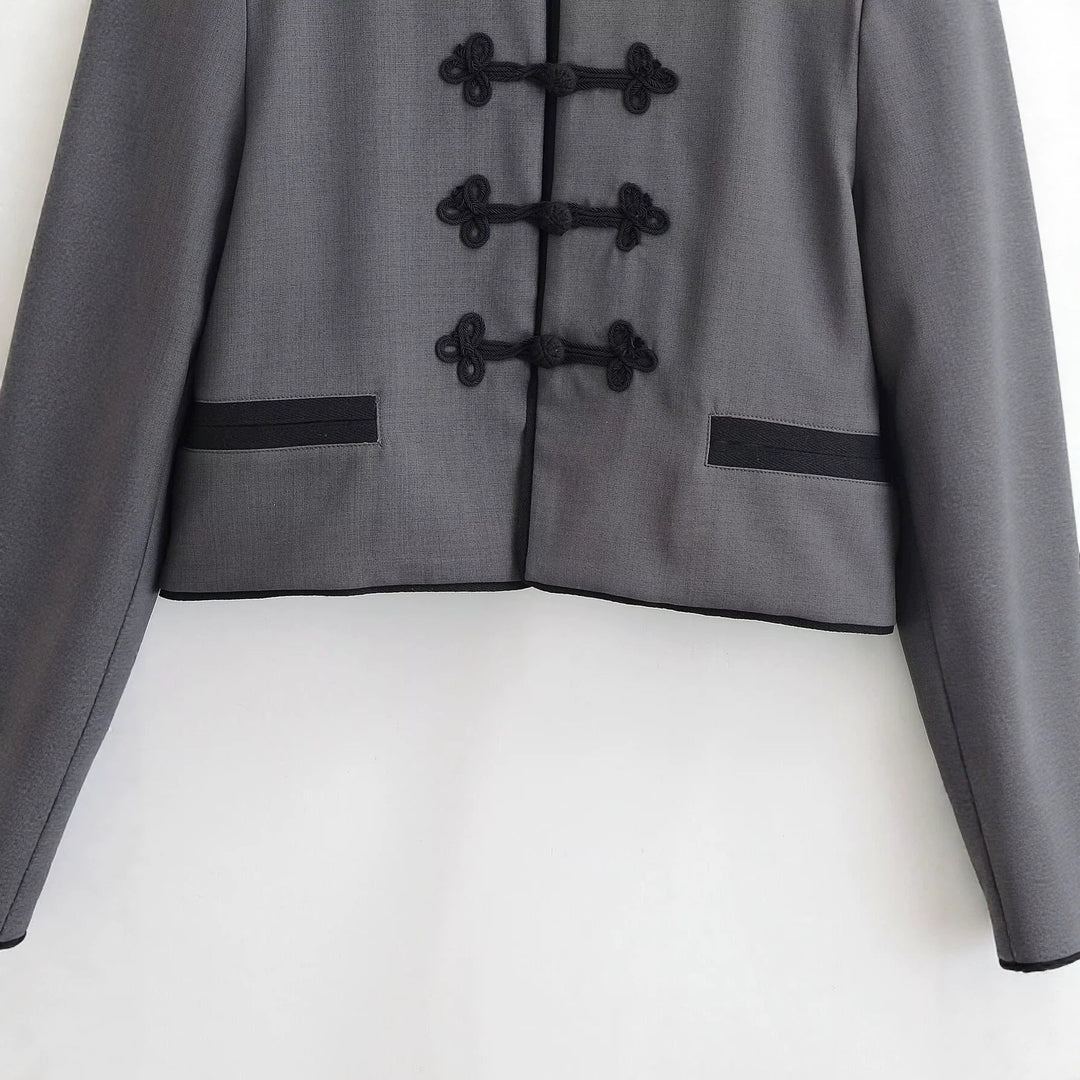 Dam Kort Jacka med Mandarin Krage och Dekorativ Knot Closures