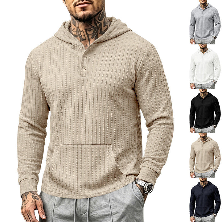 Herr med Huva Henley Pullover med Cable Stickad Structure, Känguruficka och Ribbstickade Muddar