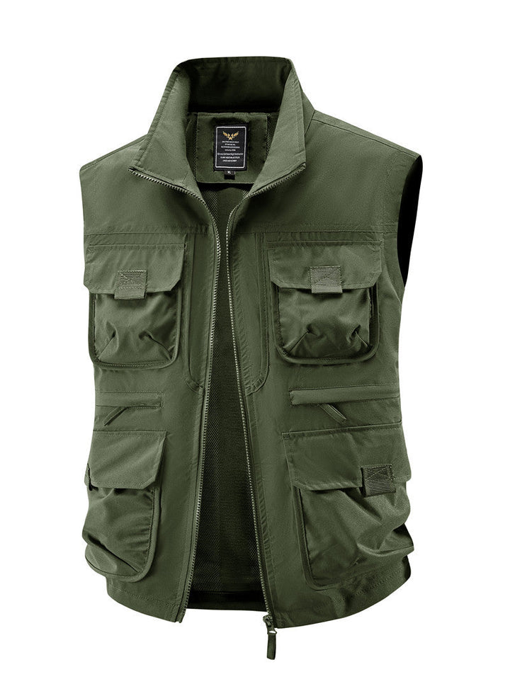 Herr Multi-Pocket Utility Väst med Hög Krage Tvåvägsdragkedja och Mesh Foder