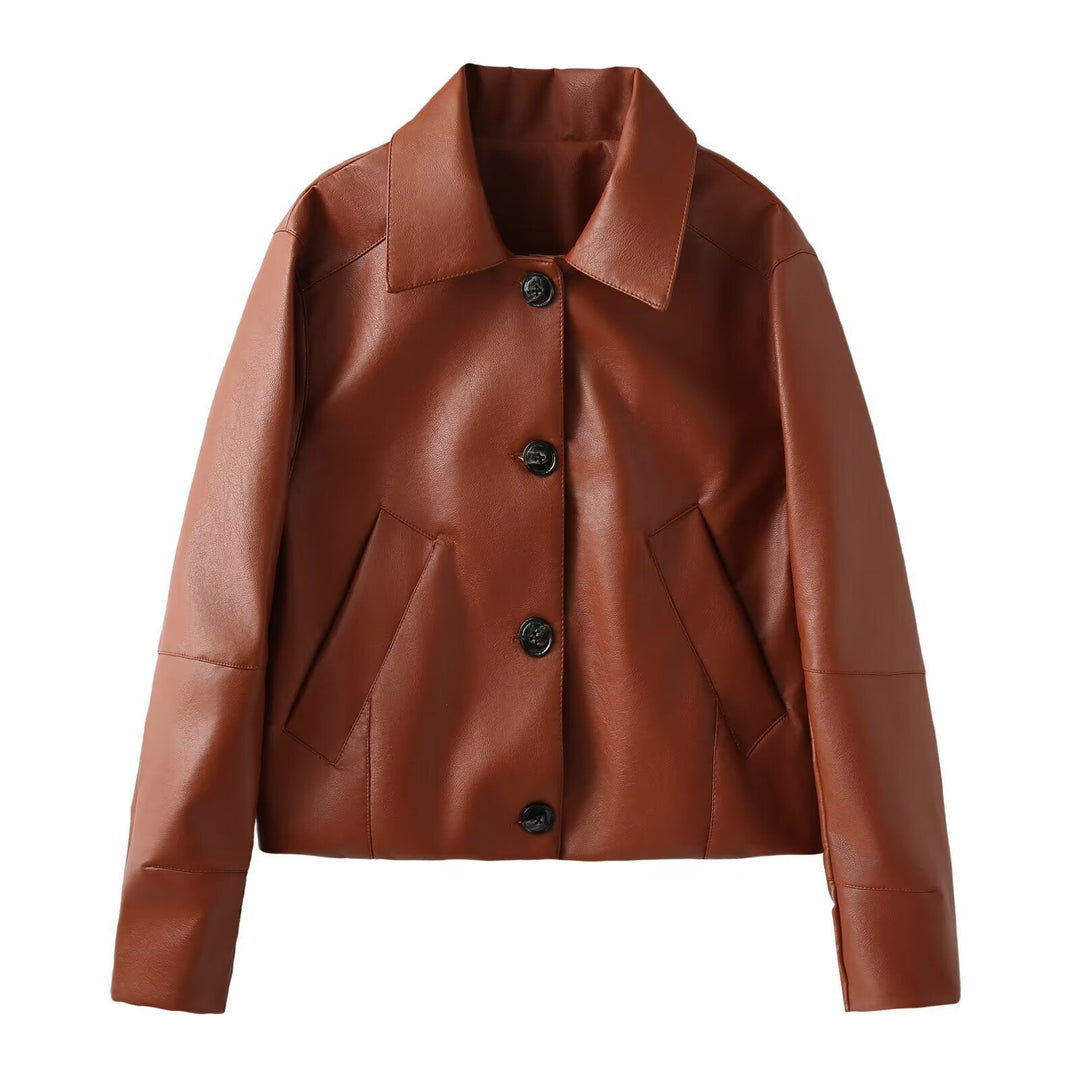 Dam kort jacka in shirt stil gjord vegan smooth läderlook med distinctive angled fickor