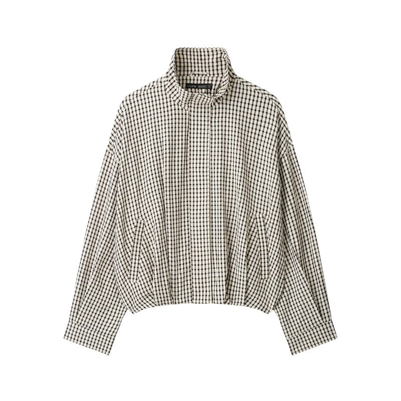 Dam kort cropped rutig blousonjacka med ståkrage, elastisk fåll och hidden dragkedja