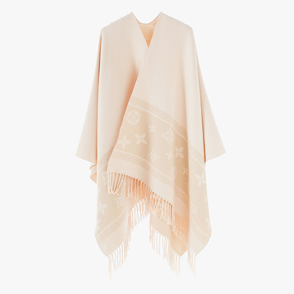 Dam oversized Rectangular poncho tillverkad av ullblandning med Woven Jacquard Border och Fringed fåll