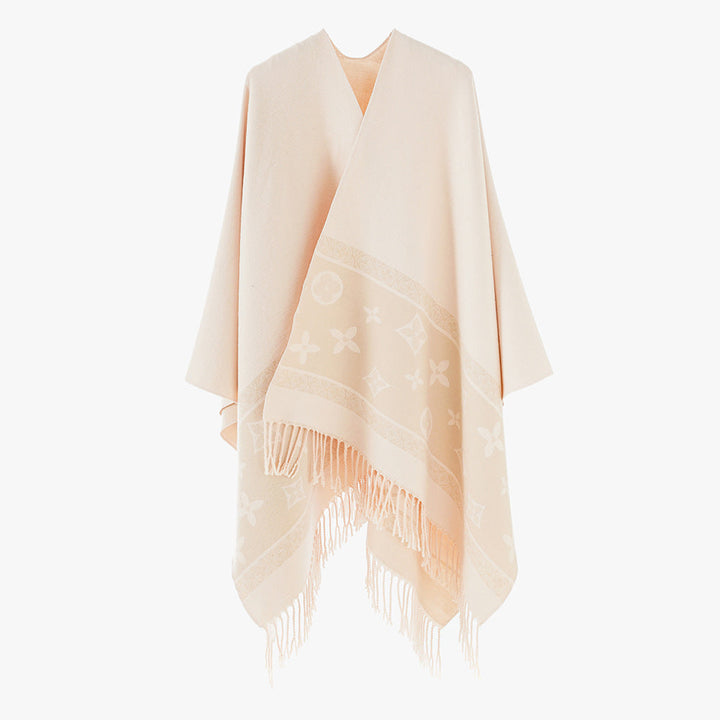 Dam oversized Rectangular poncho tillverkad av ullblandning med Woven Jacquard Border och Fringed fåll