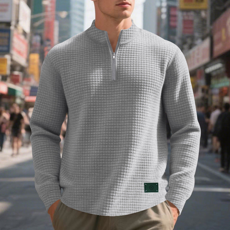 Herr Nano Lätt Waffle Stickad Pullover med Kort Krage Dragkedja och Rounded Fåll