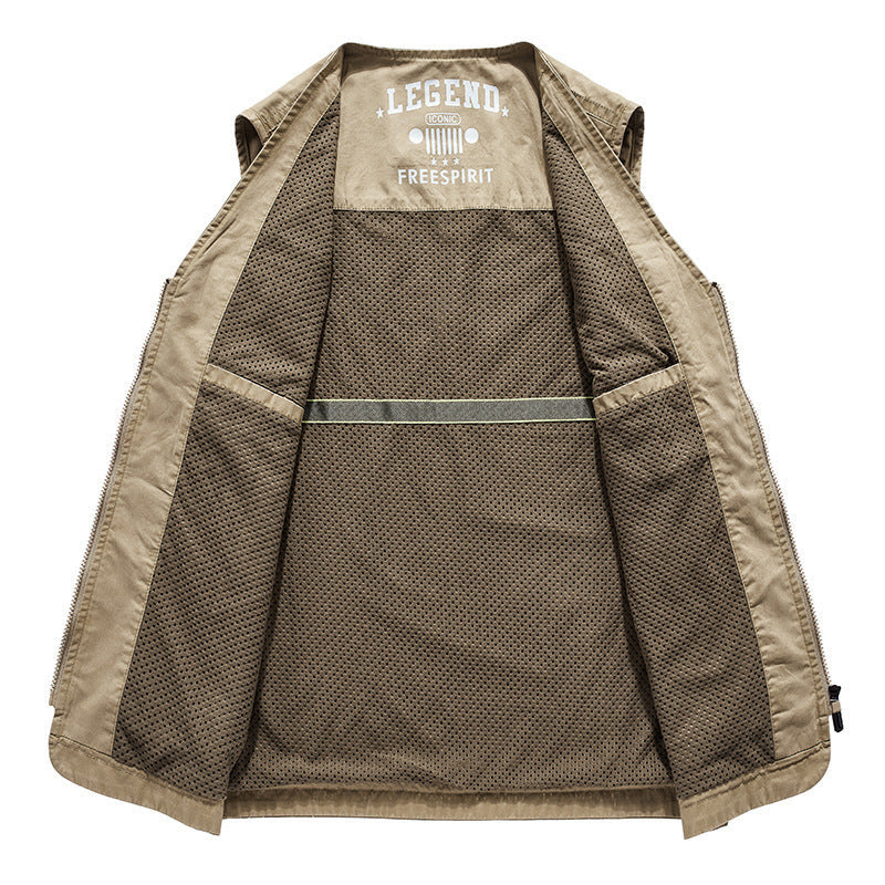 Herr Canvas Utility Väst med Multi Fickor och Mesh Foder