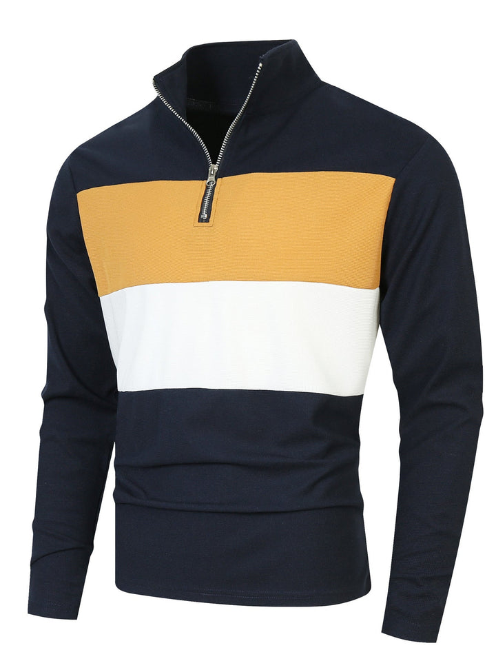 Herr Halv Dragkedja Pullover med Ståkrage, Bred Block Rand, och Finely Ribbad Texture
