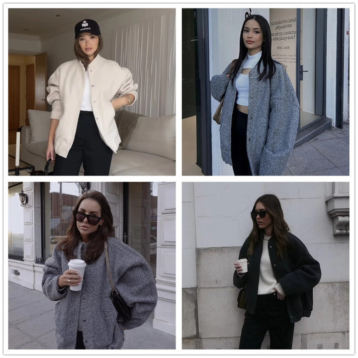 Dam Oversize Fleecejacka med Stå Krage, Patch Front Fickor, och Elastic Nederkant