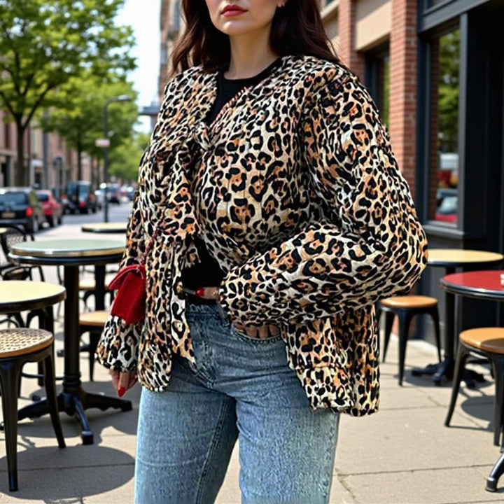 Dam lätt Blouson jacka in Leopard tryck med Ties och utanpåfickor