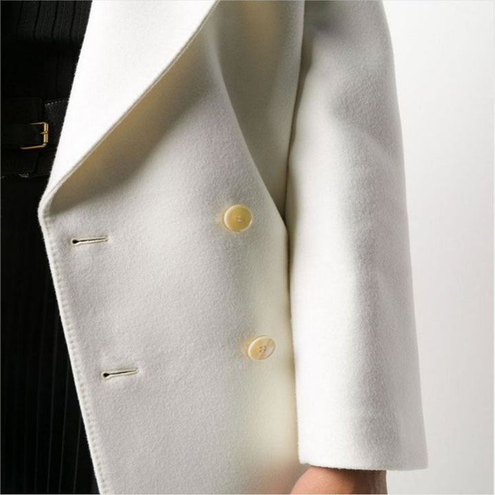 Dam Slim Double-Breasted ullblandning lång kappa med Shawl krage, Gold knapp Detail och Flap fickor