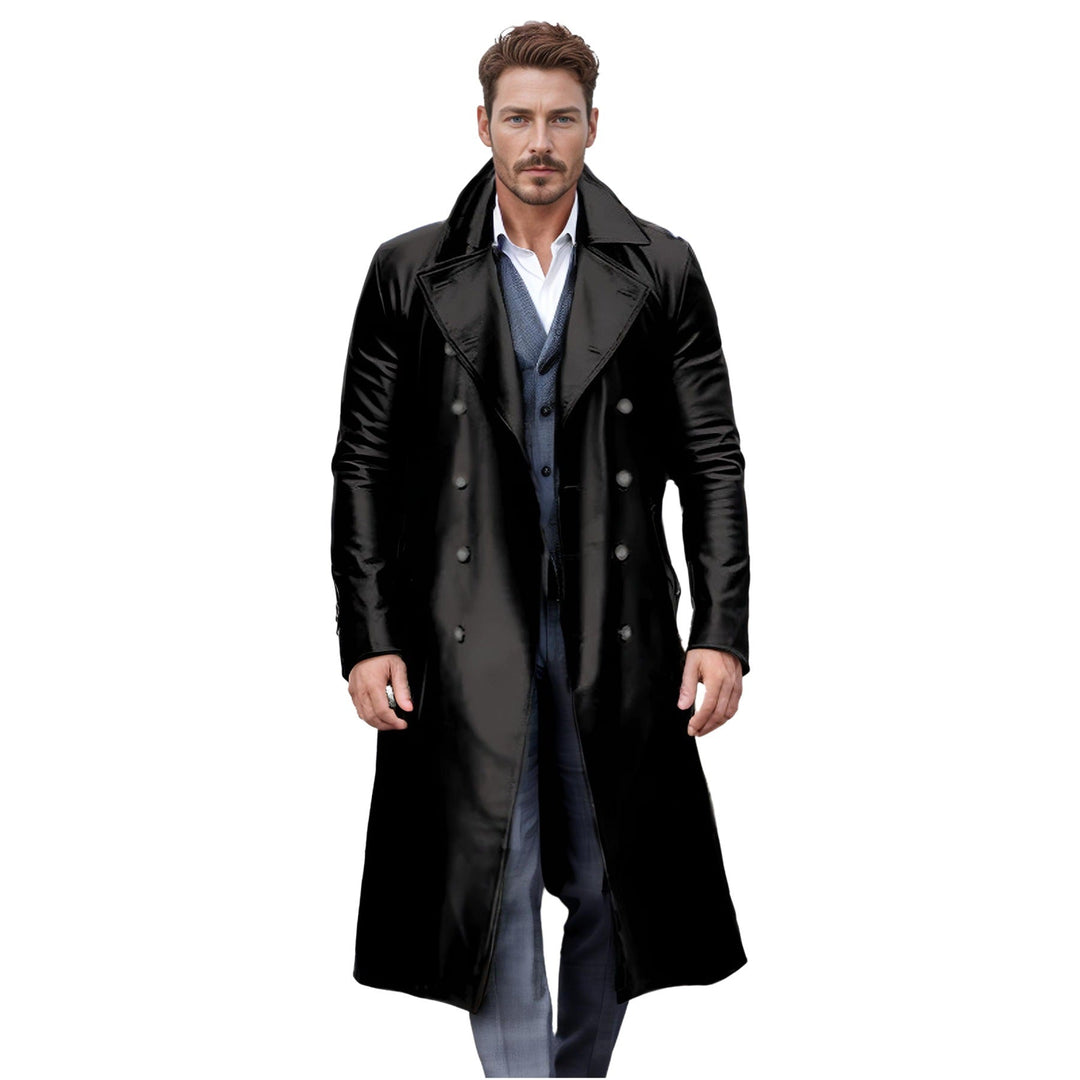 Herr Long Shiny Konstläder Trenchcoat med Dubbel Breasted och Särpräglad Lapel