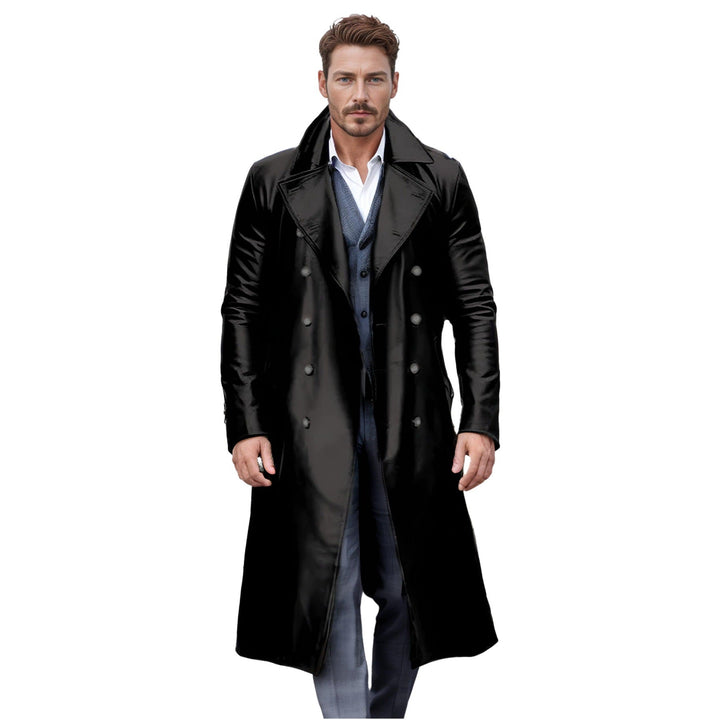 Herr Long Shiny Konstläder Trenchcoat med Dubbel Breasted och Särpräglad Lapel
