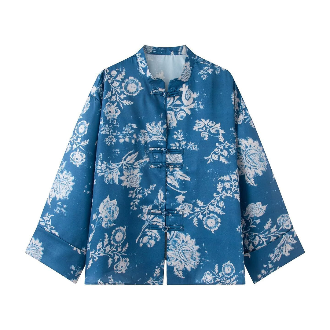 Dam Brocade Jacka med Mandarin Krage, Knot Closures och Wide Kimono Ärmar