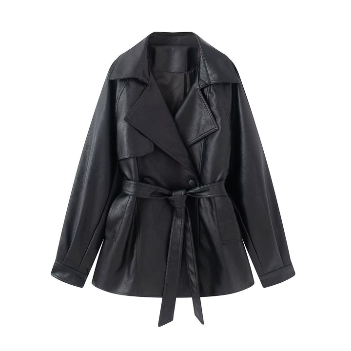 Dam Tailored Kort Trench i Konstläder med Tie Belt