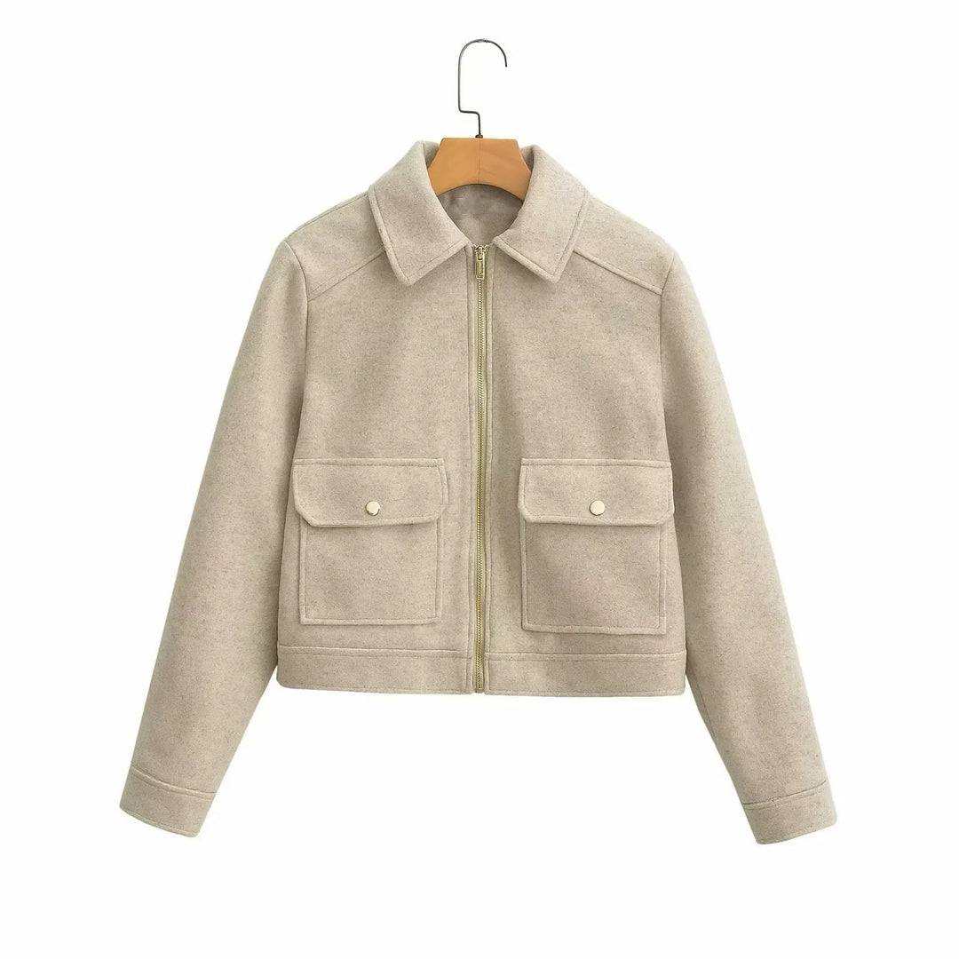 Dam boxy ullblandning shacket med concealed metal dragkedja, skjortkrage, och påsydda fickor